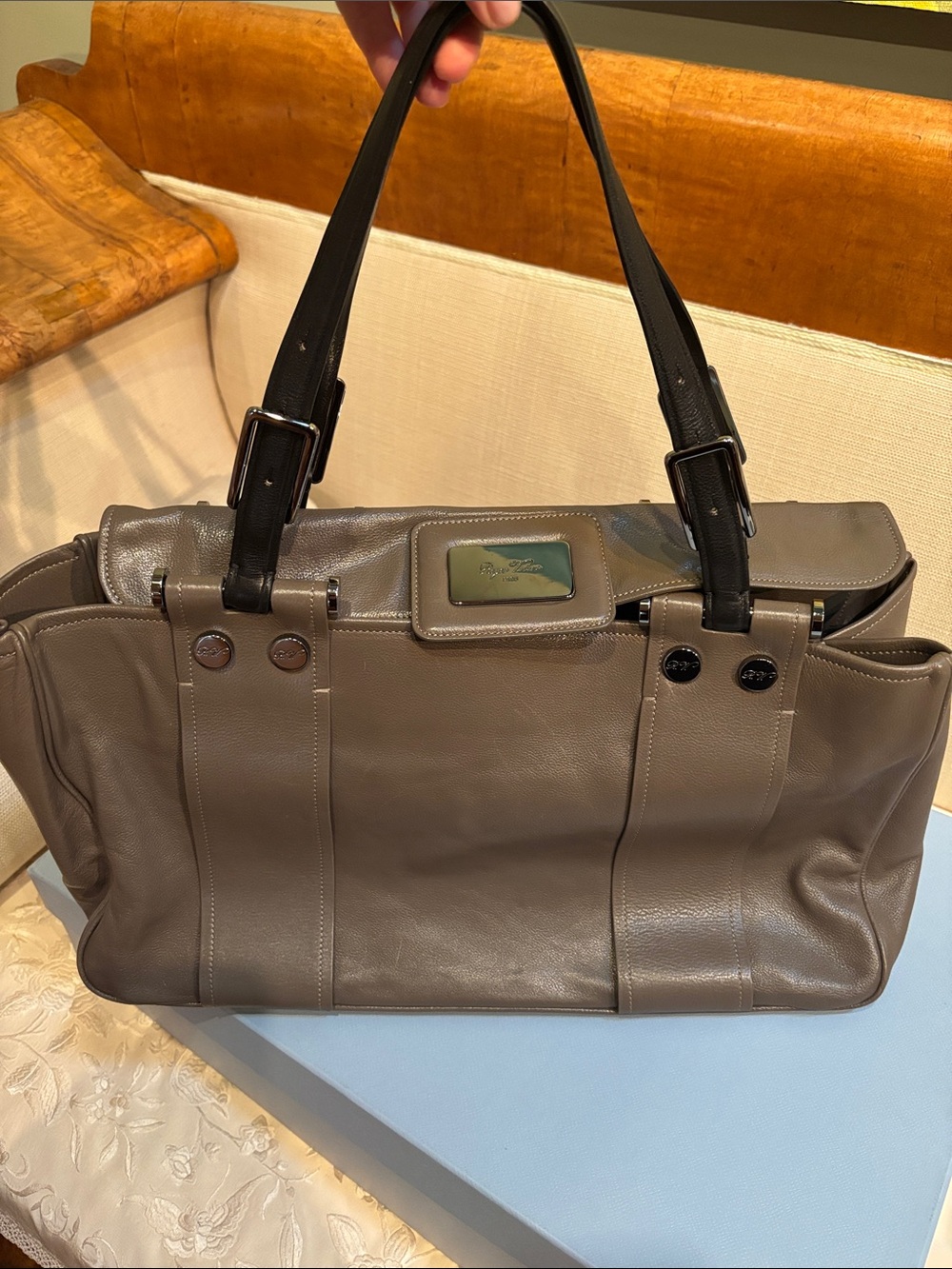 Roger Vivier Taupe Leather Messenger Bag with Black Handles